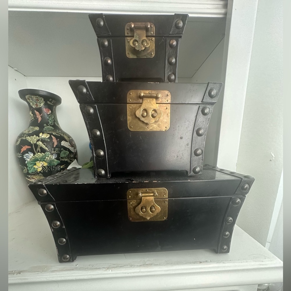 Set of 3 hinged nailhead Decorative Boxes with Brass Accents
